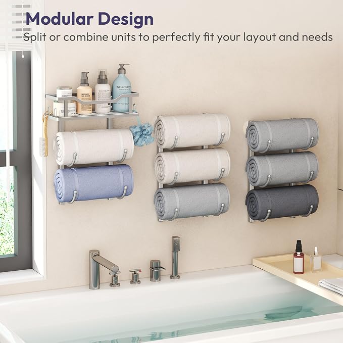 SWTYMIKI Over the Door Towel Rack - 9 Tier Towel Racks for Bathroom Wall Mounted, Towel Holder with Shelf, Hanging Rolled Towel Storage Organizer for Small Bathroom, Camper, RV, Sliver