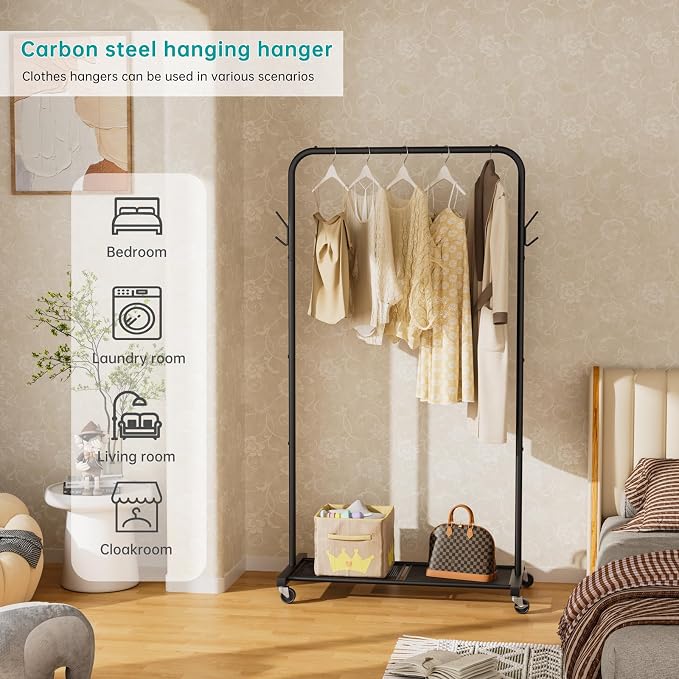 SINGAYE Wardrobe Standing Closet Clothing Rack With Shelf Hanging Clothes | Wardrobe Open Compact Small Metal Garment Hanger Stand Alone Free Standing Black Closet Rack Storage Organizer Heavy Duty