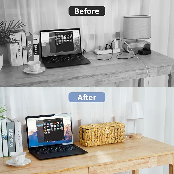 efluky 2 Pack Water Hyacinth Floor Cord Covers with Lid, Hand-woven Cable Management Box, 2 Open Slots Cord Box to to Hide USB Wire, Power Strip & Charger for Home & Office and Dorm, Natural