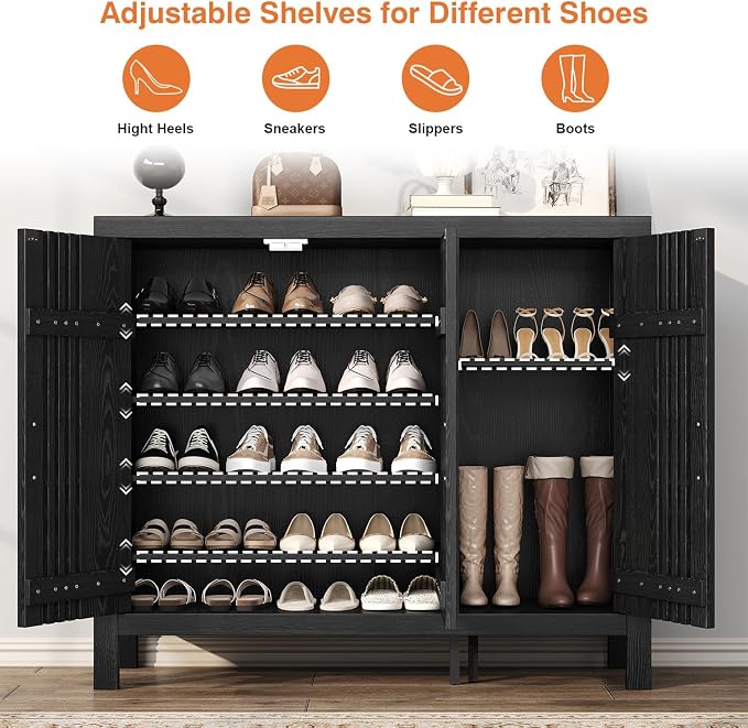 UNIQUITE Wooden Shoes Cabinet with 3 Doors and Adjustable Shelves, Retro Freestanding Shoe Organizer Cabinet for Entryway Hallway Living Room, 5-Tier Shoe Cabinet for 30 Pairs, Black
