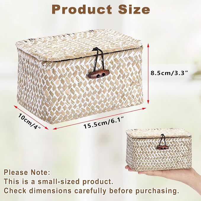Hipiwe Wicker Shelf Basket Box Mini Seagrass Baskets with Lid,6.1"x4"x3.3" | Tabletop Basket Organizer for Shelf Bathroom Home Decor, Key Basket Holder Box for Entryway, Whitewash