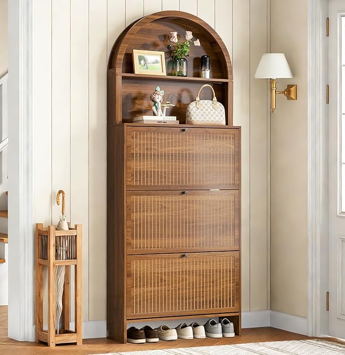 78.7'' Tall Shoe Storage Cabinet for Entryway with 3 Flip Drawers | Arched Design,Hidden Slim Shoe Organizer,Open Storage Shelf, Freestanding Shoe Rack,Large Tabletop Space,Hallway,Walnut