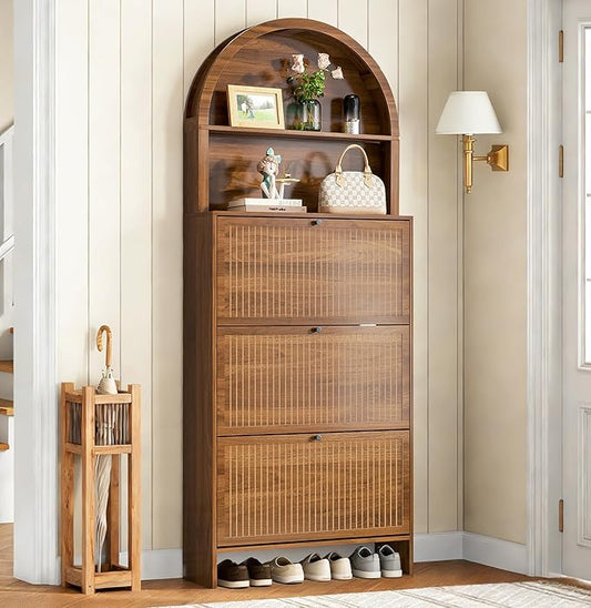 78.7'' Tall Shoe Storage Cabinet for Entryway with 3 Flip Drawers | Arched Design,Hidden Slim Shoe Organizer,Open Storage Shelf, Freestanding Shoe Rack,Large Tabletop Space,Hallway,Walnut