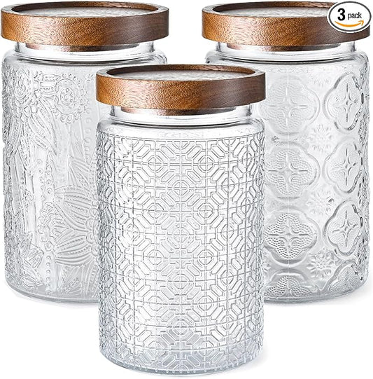 Glass Storage Containers With Lids, Glass Jars With Lids, 32oz, Set Of 3 | Airtight Glass Food Storage Containers, Kitchen Canisters For Sugar, Coffee, Tea, Spice, Flour, Candy, Pasta, Cereal