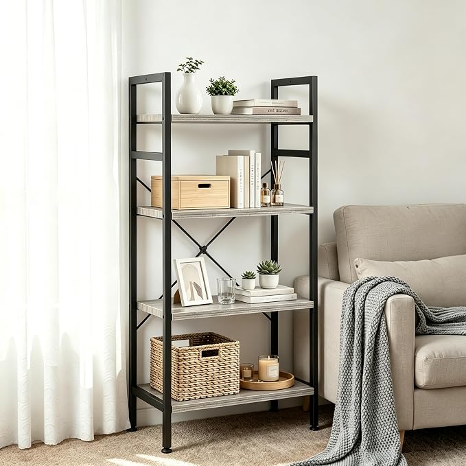 HealSmart 4 Tier Bookshelf, Free Standing Book Shelf Home Office Bookcase Shelf Storage Organizer for Bedroom, Bathroom, Living Room, Office, Balcony, Gray Wood