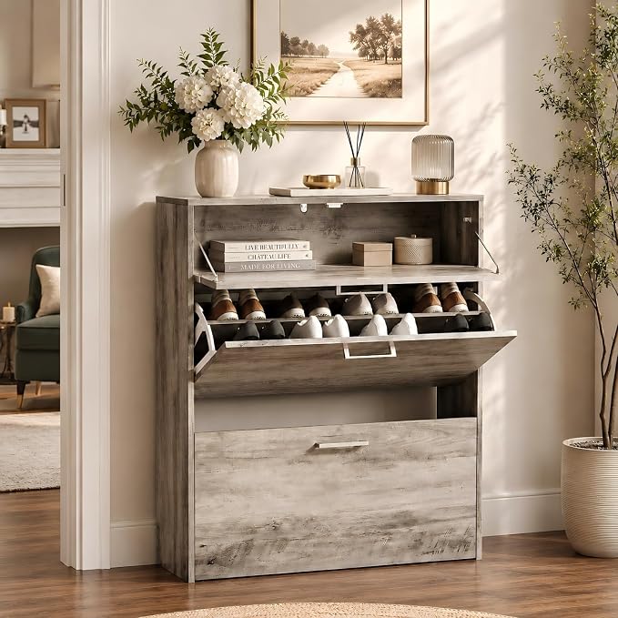 VINGLI Grey Shoe Cabinet for Entryway, Slim Shoe Rack Storage with 3 Flip Drawers, Rustic Washed Grey Wood Finish, Narrow Hidden Shoe Organizer for Hallway, 9.5" Depth, Greige