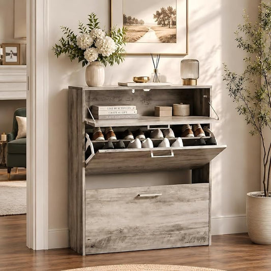 VINGLI Grey Shoe Cabinet for Entryway, Slim Shoe Rack Storage with 3 Flip Drawers, Rustic Washed Grey Wood Finish, Narrow Hidden Shoe Organizer for Hallway, 9.5" Depth, Greige