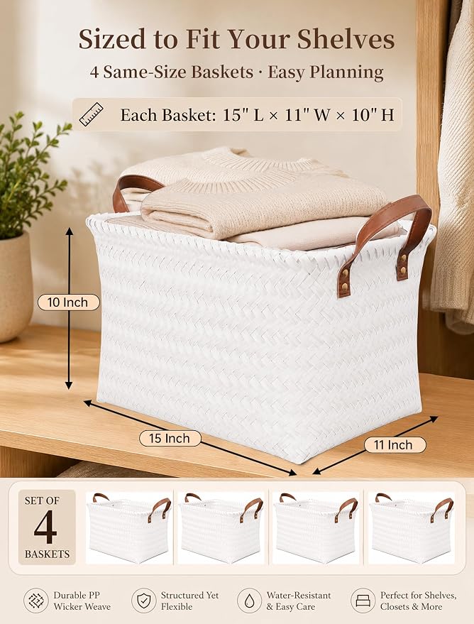 Wicker Storage Baskets, 4 Pack Woven Baskets for Shelves, White | PP Rattan, Water-resistant Wicker Basket, Large Baskets with Faux Leather Handles for Blanket, Laundry Organizer, Room Decor