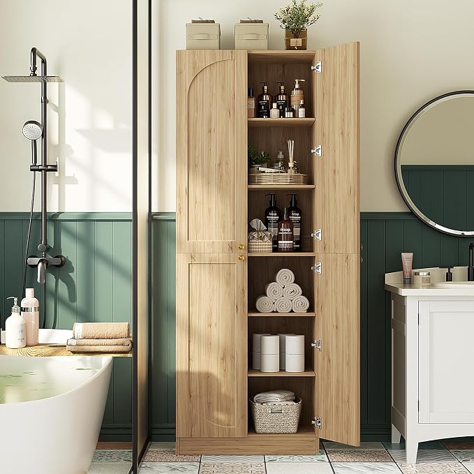 Cyclysio 80" Kitchen Pantry, Extra Tall Arch Storage Cabinet with 4 Soft Close Doors and Adjustable Shelves, Freestanding Wood Cupboard with Seamless Fit Wall for Dining Living Room Bathroom Furniture