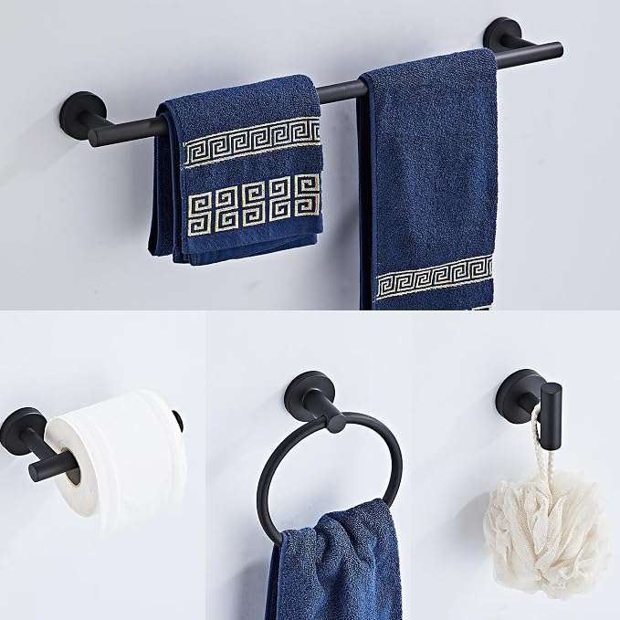 Matte Black Bathroom Hardware Set 5 Piece with Towel Racks for Bathroom, SUS304 Stainless Steel Bath Towel Bar Set, 24 Inch Wall Mounted Accessories Kit…