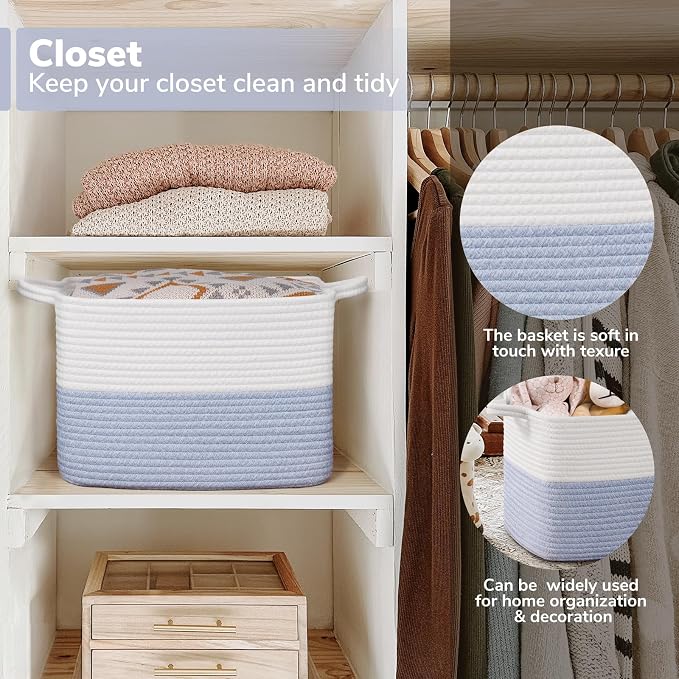 Goodpick Rectangle Woven Storage Basket, 13" x 10" x 9", Light Blue | Dog Toys, Books & Shoes Storage, Closet & Shelf Organization, Built-In Handles, Decorative Gift Baskets Empty
