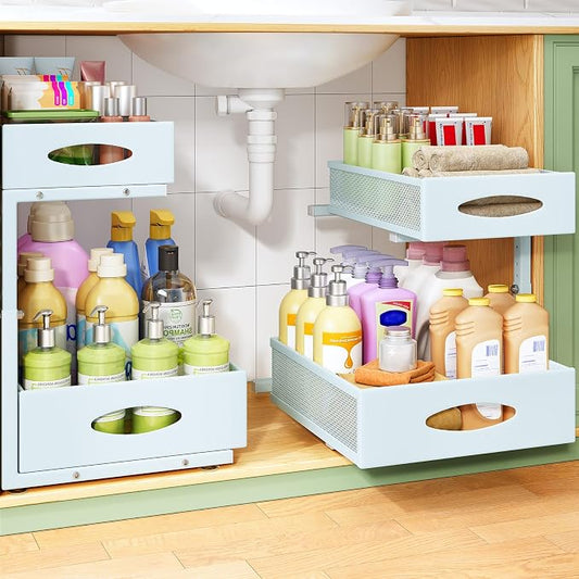 Under Sink Organizer, 1-Pack Pull Out Cabinet Organizer 2 Tier Metal Slide Out Storage Shelf Rack, L-Shaped Adjustable Height,Mesh Sliding Drawer for Kitchen, Bathroom, Laundry, Pantry, Blue, XL
