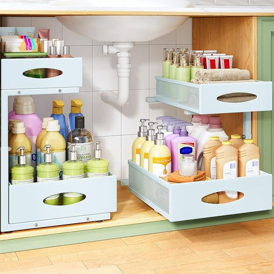 Under Sink Organizer, 2-Pack Pull Out Cabinet Organizer 2 Tier Metal Slide Out Storage Shelf Rack, L-Shaped Adjustable Height,Mesh Sliding Drawer for Kitchen, Bathroom, Laundry, Pantry, Blue, XL