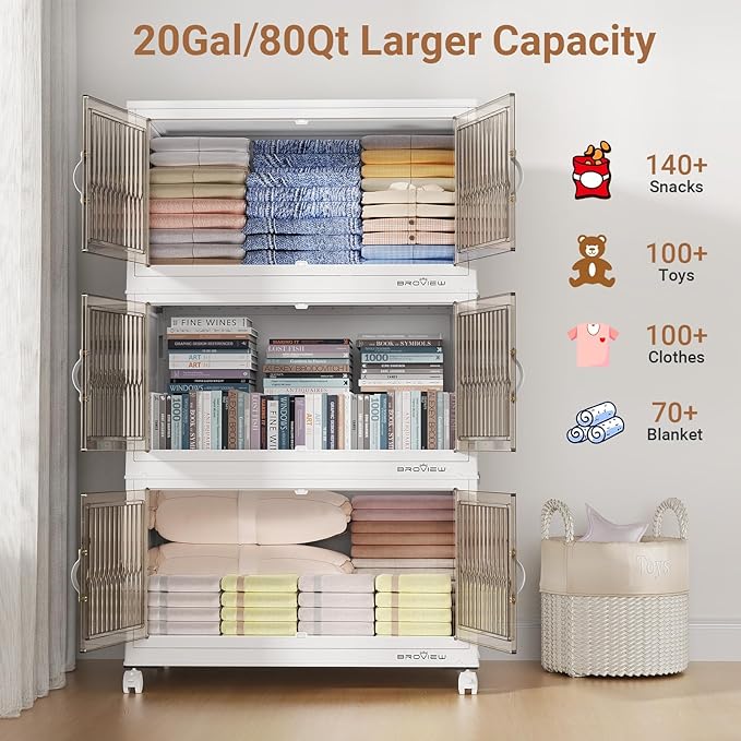 BROVIEW 320 Qt Stackable Storage Bins with Lid, Plastic Closet Organizers and Storage Drawer, Collapsible Storage Box with Wheels, Folding Storage Cabinet for Closet Clothes Organization, 4Pack White