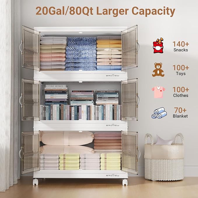 BROVIEW 240 Qt Stackable Storage Bins with Lid, Plastic Closet Organizers and Storage Drawer, Collapsible Storage Box with Wheels, Folding Storage Cabinet for Closet Clothes Organization, 3Pack White