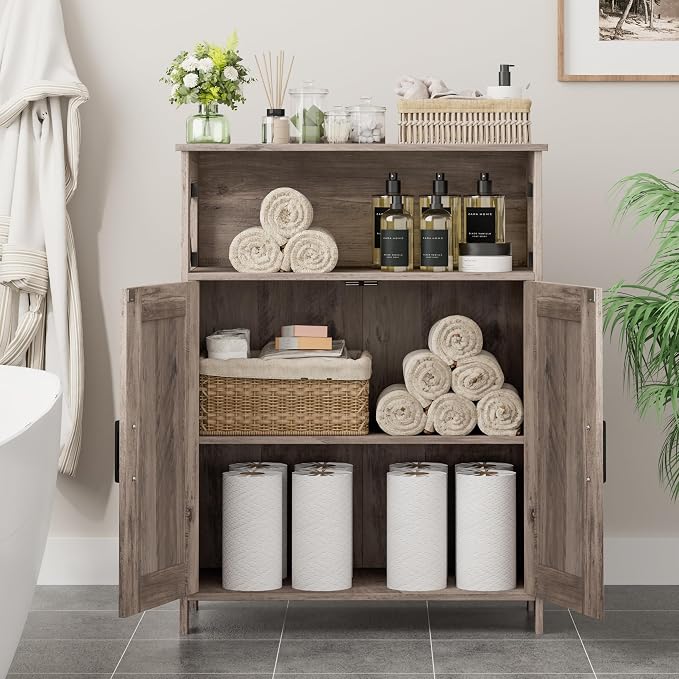 Homhedy Farmhouse Bathroom Storage Cabinet with Doors, Small Floor Cabinet | Toilet Paper Cabinet with Adjustable Shelf, Freestanding Storage Cabinet for Kitchen/Laundry/Living Room, 24"W, Greige