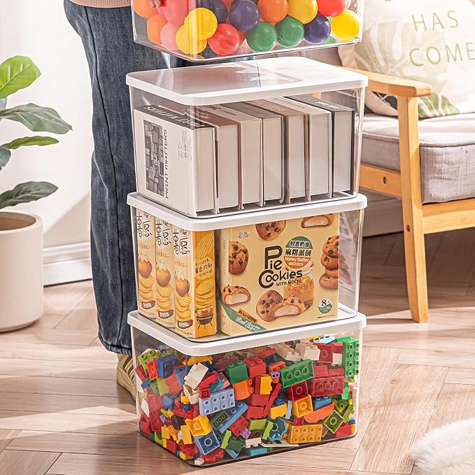 Clear plastic storage bins with LIDS,storage containers for snacks, cosmetics, books, dog food, Storage Organizer for Nursery，Kitchen, Living room,Bedroom, Bathroom, Office (Clear-White Lid, 4XL)