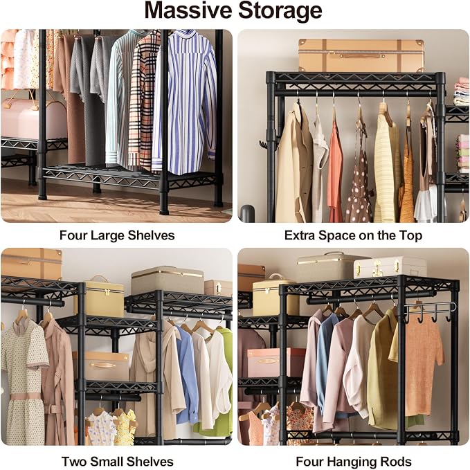 Golpart Heavy Duty Clothes Rack Metal Wardrobe with Adjustable Wire Shelves | Closet Organizers and Storage Clothing Rack Metal System Freestanding Hanging Clothes System Free Standing Garment Coat Racks