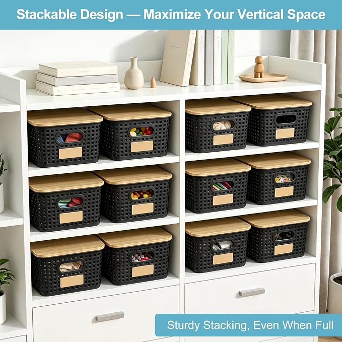 Bagnizer Small Plastic Storage Bins with Bamboo Lids 5.2qt Stackable Box Basket Pantry Decorative Containers Cute with Lable for Organizing Desktop Closet Office Black of 6 packs 10 * 7.2 * 4.1"