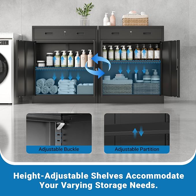 Metal Storage Cabinet, 36" Locking Cabinet with Adjustable Shelves for Garage, Office (Black, 1 Drawer)