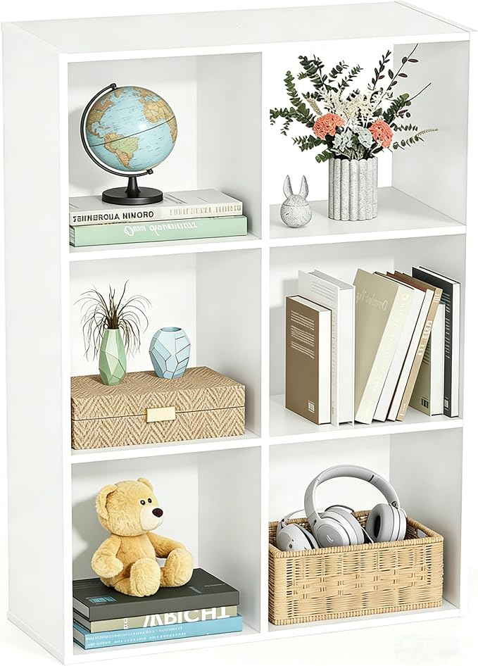 HealSmart 6 Cube Storage Organizer, 3 Tier Stackable Bookshelf, Open Cube Bookshelf with 3 Removable Back Panels, Suitable for Living Room, Bedroom, Home Office, 36" L X 11.6" W X 24" H, White