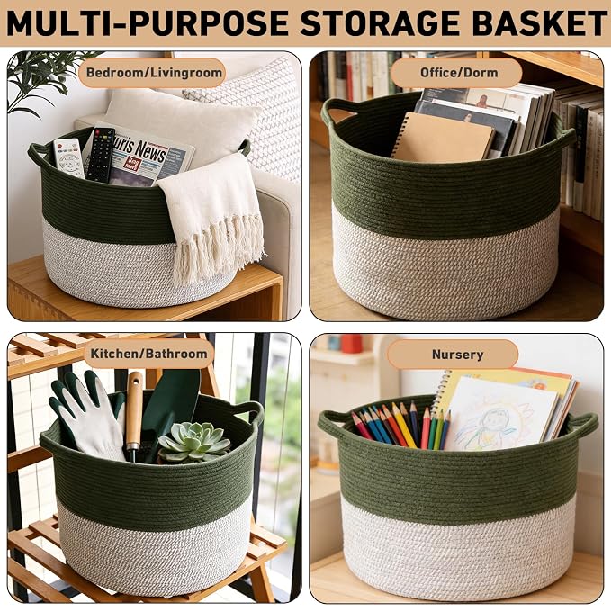 65L Large Blanket Basket,Woven Rope Laundry Basket-Green&White | Collapsible, reinforced handles, nursery storage bin organizes clothes, toys and pillows for living room, bedroom bathroom
