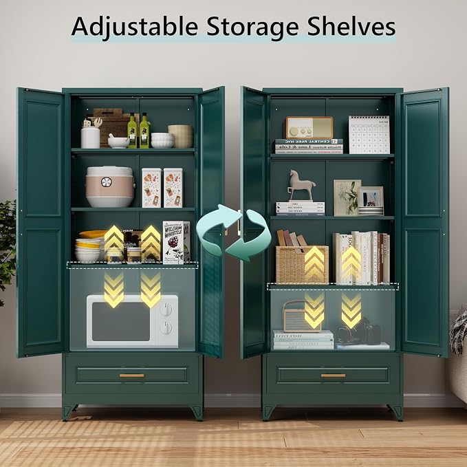 IMELESS Pieces 75" Tall Metal Storage Cabinet with Drawers & Doors,Green | Freestanding Steel Kitchen Pantry Cabinet, 3 Adjustable Shelves (180 Lbs Load), Tall Cabinets for Home, Office and Garage