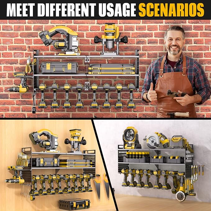 33" W Power Tool Organizer Wall Mount, 3-Layer,10 Drill Holders | Tool Storage Rack, Heavy Duty 300 lb Load Capacity for Garage Workshop, Black, Gift for Men