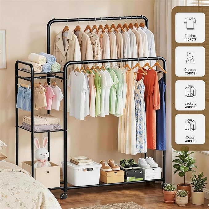Heavy Duty Clothes Rack with Wheels, Double Rod Clothing Rack with Storage Shelves & Hooks, Rolling Garment Rack and Portable Closet Organizer for Bedroom, Laundry Room, Apartment