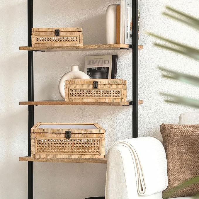 Hipiwe Vintage Decorative Box with Clear Lid Rattan and Wood Display Boxes | Handcrafted Shelf Basket Bin Large Wicker Storage Basket Rectangular Keepsakes Box for Bathroom Home Decor, 14x10x5.7 inch