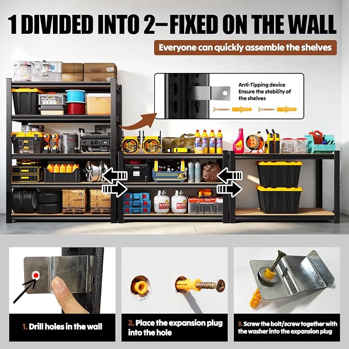 71.2" H Storage Shelves, 5 Tier Adjustable Wood Garage Shelving, Utility Tall Metal Shelving Unit, Easy to Install Standing Garage Storage for Warehouse,Bedroom,Basement,45.6" WX17.7 DX71.2 H