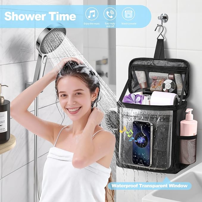 Hanging Shower Caddy Portable, Travel Toiletry Bag for Men & Women, Large Capacity with Hook,Dorm Room Essentials With Waterproof Phone Compartment, for Bathroom, Picnic, Gym, Travel(Black)
