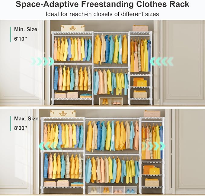 SEMHOR E01 Expandable Heavy Duty Clothes Rack, Free Standing Closet System | Adjustable Closet Organizers and Storage, Portable Garment & Clothing Racks for Hanging Clothes, 800LBS Max Load, White