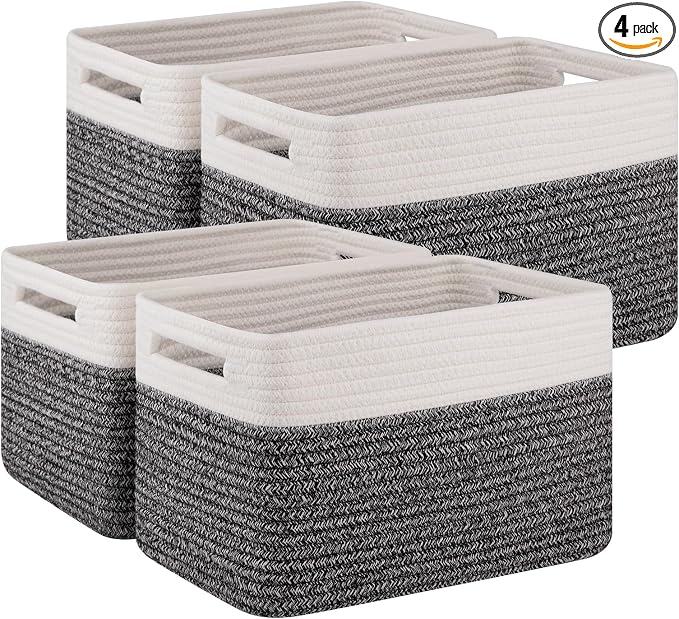 4 Pack Storage Baskets for Organizing, Woven Baskets for Shelves - Perfect for Toys, Books, Towels, and Clothes, Durable Gift Basket Bins Toy Storage, 12.7''Lx9''Wx7.8''H, Black & White
