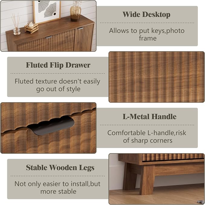 Shoe Cabinet Storage for Entryway with 3 Flip Drawers & Side Cabinet, Fluted Narrow Shoe Organizer with Wooden Leg, Freestanding Shoe Storage Hidden Shoe Rack Organizer for Front Door Entrance, Walnut