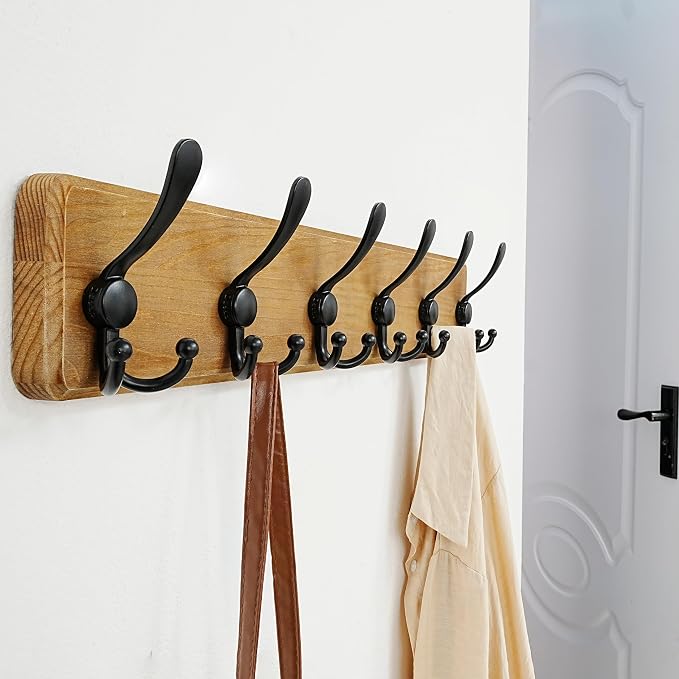 Coat Rack Wall Mounted - 24" Long 6 Tri Hooks, Heavy Duty Wooden Wall Coat Hanger Coat Hook for Clothes Hat Jacket Clothing, Weathered Yellow and Black