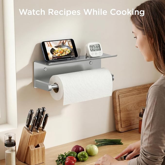 FORIOUS Wall Mount Paper Towel Holder with Shelf, Stainless Steel | Heavy Duty SUS304 Stainless Steel Paper Roll Organizer with Storage Spice Shelf, Screw-in for Kitchen, Bathroom, RV & Garage