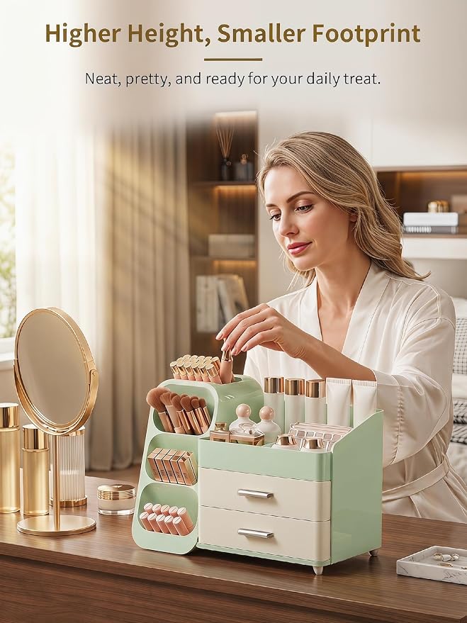 Booklov Large Makeup Organizer for Vanity Countertop, Green Cream | Plastic Cosmetic Display Case with Drawers, Beauty Brush Holder for Bathroom Counter, Skin Care Perfumes Storage