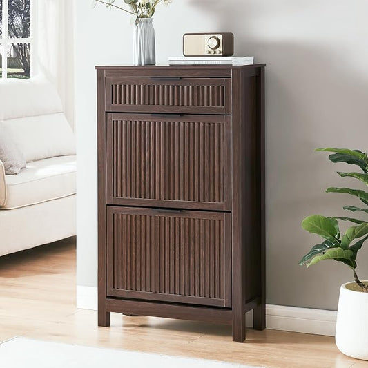 2-Flip Drawer Shoe Cabinet Narrow Entryway Rack, Brown | Vertical Wood Grain, Metal Handles, Adjustable Compartments, Removable Shelf, Anti-Tip Device, for Hallway Foyer Entryway