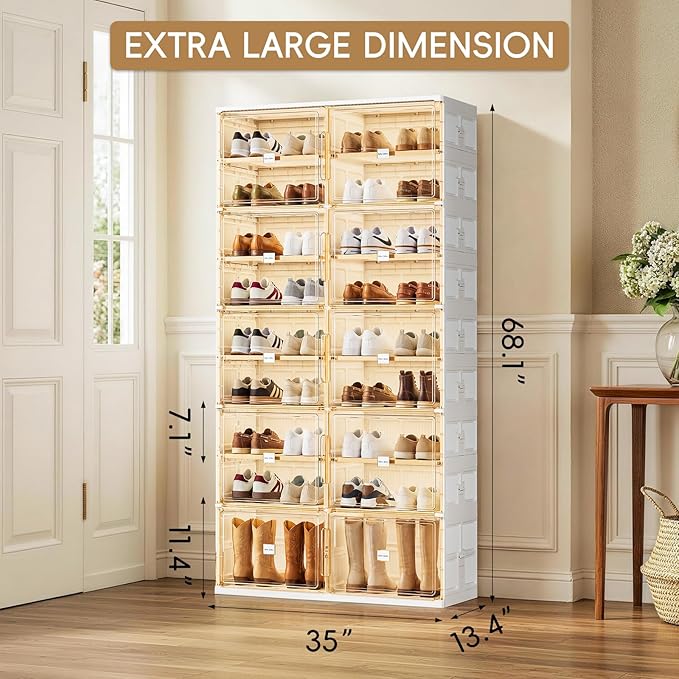 JEKO&JEKO 9 Tiers Foldable Boot and Shoe Storage Rack Cabinet for Closet Entryway, Large Collapsible Shoe Organizer with Magnetic Doors (White)