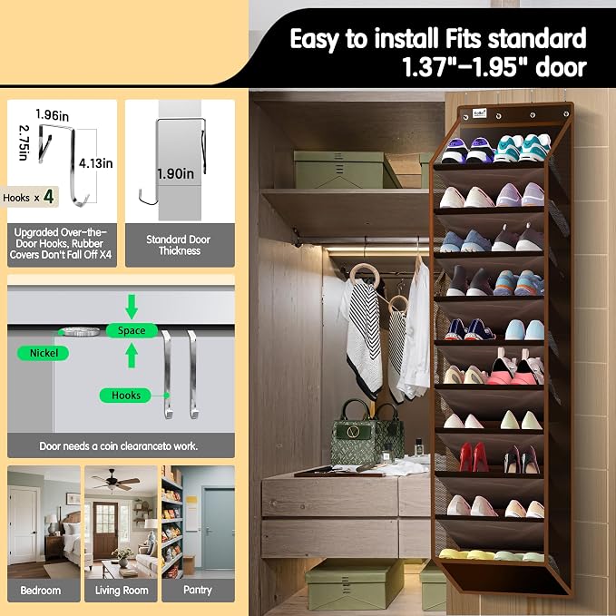Kotkn 10 Tier Over The Door Organizer - Heavy Duty Hanging Storage Rack with Sturdy Oxford Fabric, Holds 20+ Pairs of Footwear, Boots & Sneakers, Saves 50% Closet Space (Dark Curry)