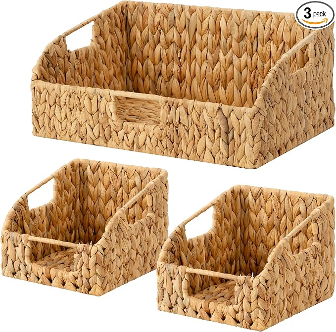 StorageWorks Water Hyacinth Basket Organizer,Pantry Storage Baskets,3-Pack | Wicker Baskets with Handles,Handwoven Shelf Baskets for Organizing,Handwoven Pantry Organizers and Storage,Pantry Baskets