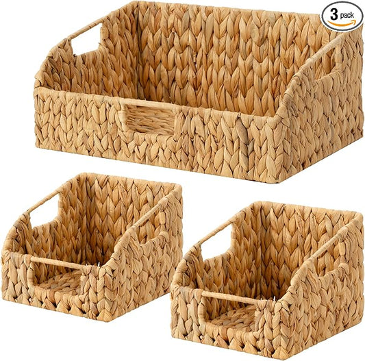 StorageWorks Water Hyacinth Basket Organizer,Pantry Storage Baskets,3-Pack | Wicker Baskets with Handles,Handwoven Shelf Baskets for Organizing,Handwoven Pantry Organizers and Storage,Pantry Baskets