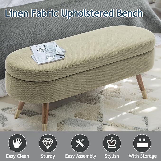 IAFIKE Oval Storage Bench 43.5" Ottoman Bench Upholstered Boucle Fabric Footrest Bench with Golden Metal Legs End of Bed for Bedroom, Living Room, Entryway,Bed Side (Green)