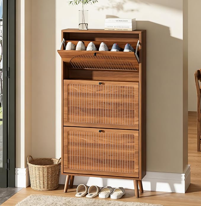 Fsbecl Shoe Storage Cabinet for Entryway with 3 Flip Drawers, Walnut | Narrow Single Layer Design, 23.6'' Freestanding Shoe Rack, Wooden Hidden Organizer for Hallway Foyer, 6-9 Pairs