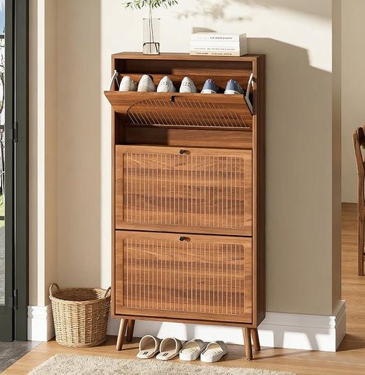 Fsbecl Shoe Storage Cabinet for Entryway with 3 Flip Drawers, Walnut | Narrow Single Layer Design, 23.6'' Freestanding Shoe Rack, Wooden Hidden Organizer for Hallway Foyer, 6-9 Pairs