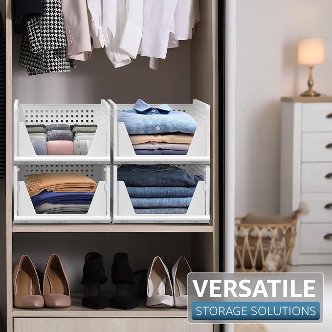 Sorbus 4 Pack Medium Shelf Organizer with Open Front Design Under Shelf for Closet Bathroom Kitchen Garage Plastic Stackable Storage Baskets