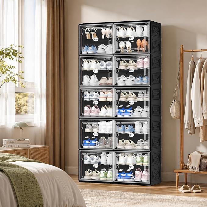 Black Shoe Storage Cabinet for 40 Pairs, Collapsible Plastic Shoe Organizer with Magnetic Clear Doors, 3-Step Tool-Free Assembly for Entryway, Hallway, Apartment and Closet (2Row, 10Tier)
