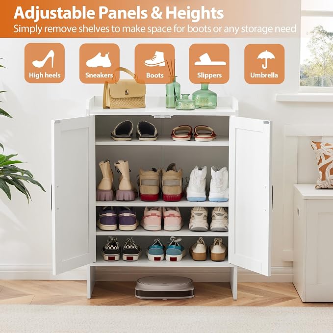 Farmhouse Shoe Cabinet with Doors, Modern Large 5-Tier Shoe Storage Cabinet with Adjustable Shelves, Wooden Shoe Organizer for Entryway, Hallway, Closet, Bedroom, Living Room