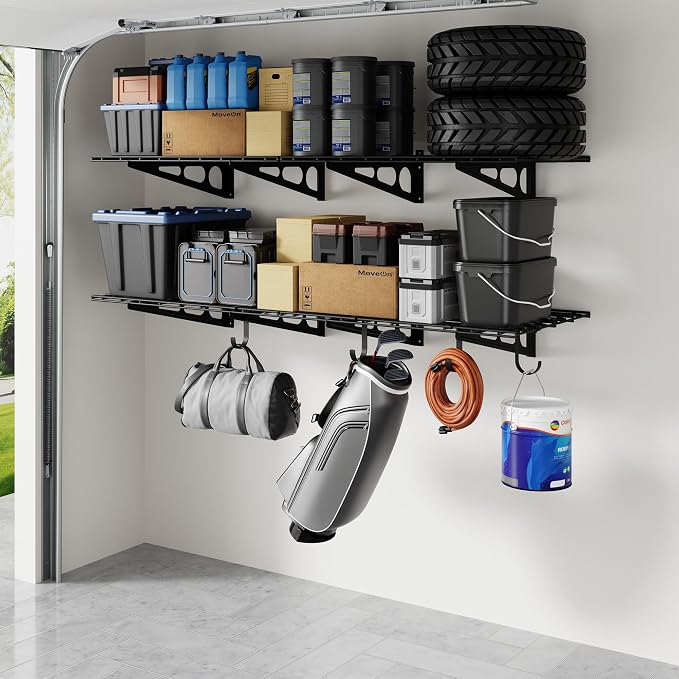 FLEXIMOUNTS 2-Pack Garage Shelving with Hooks, 2x6ft Storage Shelves, Black | 24-inch-by-72-inch Wall Shelf Garage Storage Racks Floating Shelves, Rustproof Seamless Grid Design, Classic Series
